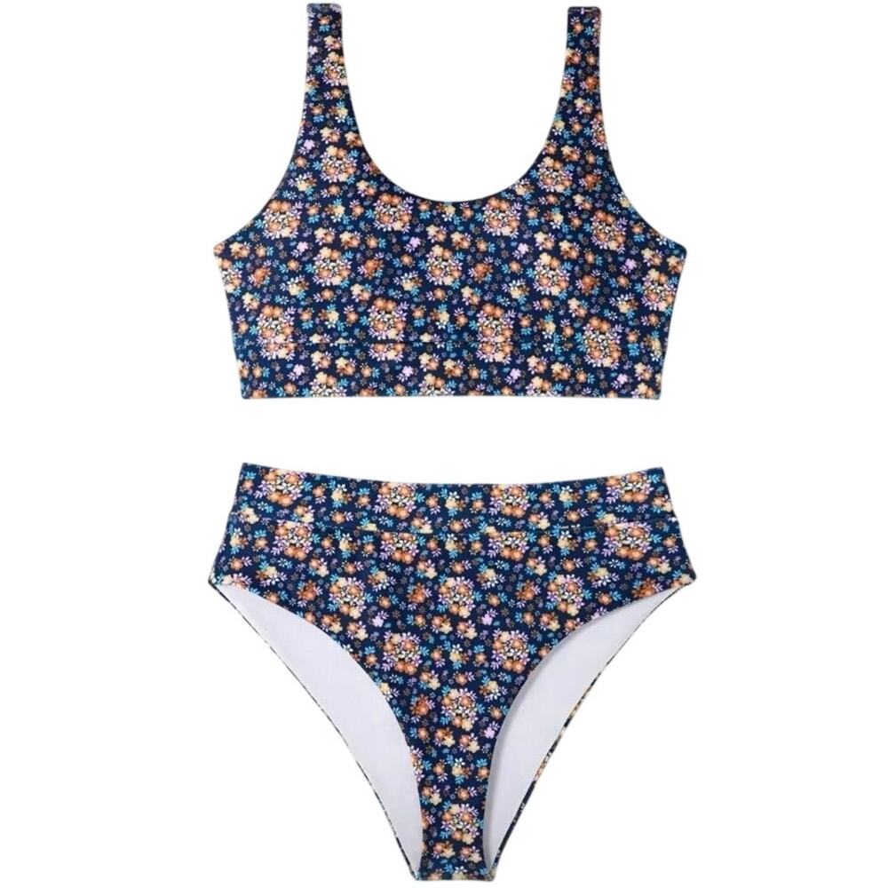 Women Navy Ditsy Floral Bikini Set High Waist Scoop Neck 2 Piece Small